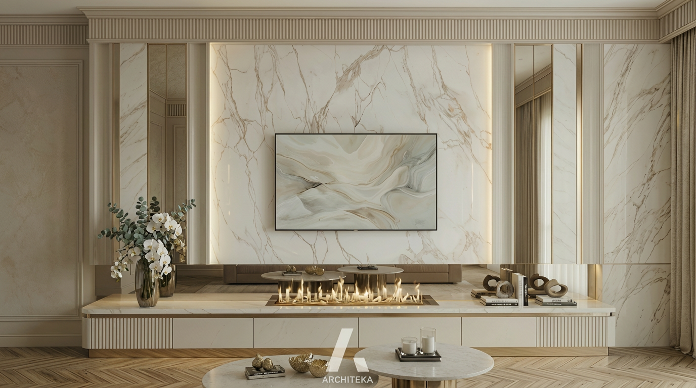 Projekt wnętrza Premium+ Modern Calm Premium - elegancka strefa dzienna w spokojnej, nowoczesnej stylistyce