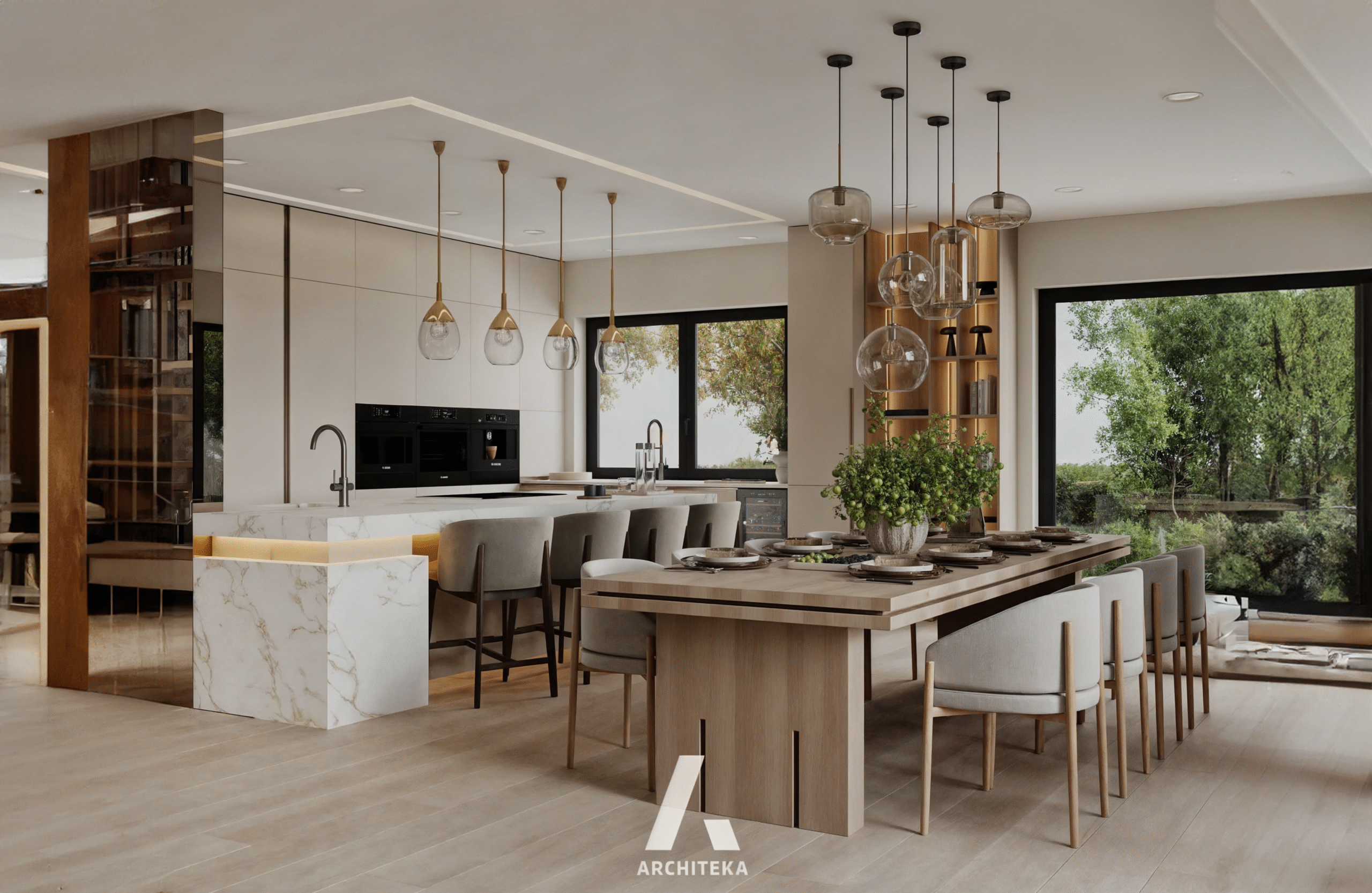 Wnętrze premium z marmurem, drewnem, miękką tapicerką i warstwowym oświetleniem – projekt ARCHITEKA