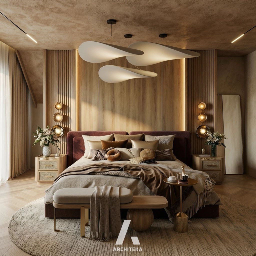 Projekt sypialni | Warm Calm Bedroom - wizualizacja wnętrza 1