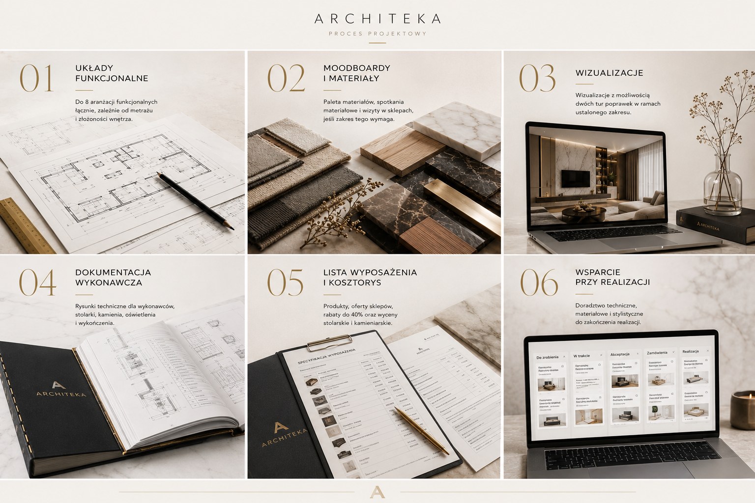 Infografika procesu projektowego Architeka: układy funkcjonalne, moodboardy, wizualizacje, dokumentacja, lista wyposażenia i wsparcie przy realizacji